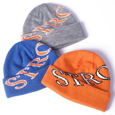 China JOINT Warm Printed Jacquard Recycled Mens Womens Orange Knitted Beanie Winter Hats for sale