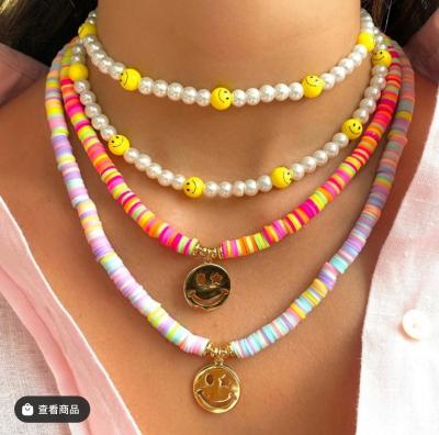 China Eco-friendly Candy Color Popular Color INS Smiley Face Pendent Zircon Pearl Multilayer Necklace Chain Earrings Ring for sale