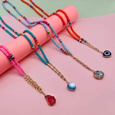 China Wholesale TRENDY INS Style Retro Fashion Heart Crystal Pendent Necklace Colorful Soft Custom Pottery Necklace for sale