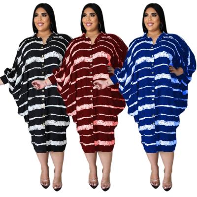 China PSD2365 viable factory china plus size women clothing button down striped batwing long dress shirt dress for sale