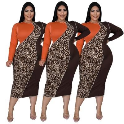 China PSD2426 High Quality Viable Brown Orange Patchwork Leopard Plus Size 5xl Bodycon Women Midi Dress for sale