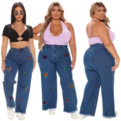 China PSPJ2030 Butterfly PSPJ2030 Baggy Denim Good Quality Viable Embroidery High Waist Plus Size Jeans For Woman for sale