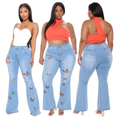 China PSPJ2031 Viable Fashion Designer Stylish Butterfly Embroidery Flare Wide Leg Plus Size Jeans For Woman for sale