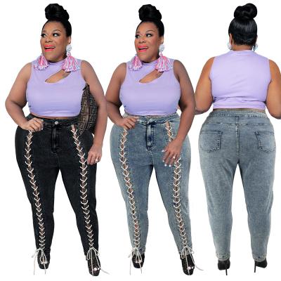 China PSPJ2032 Amazon Viable Hot Selling Lace Up High Waist Female Pants Plus Size Jeans For Woman for sale