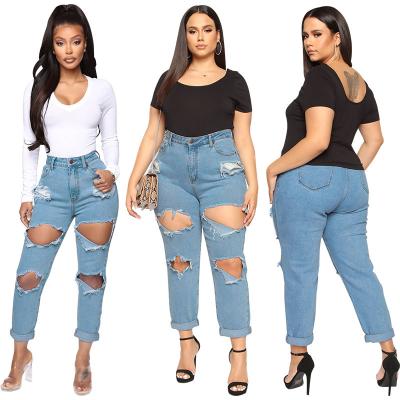 China PSPJ2033 Wholesale Amazon Viable Hit Size Denim Pants High Ripped Plus Size Women Jeans for sale