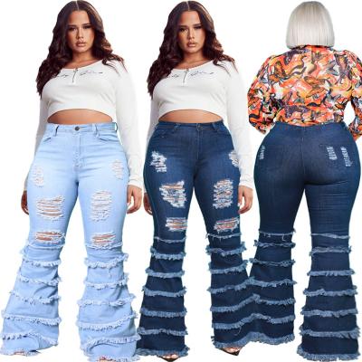 China PSPJ2035 Viable Bulk Wholesale Rocket Blue Denim Pants Plus Size Womens Jeans With Tassel for sale