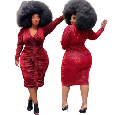 China PSD2240 New Arrivals Viable Women Ruffles Red Velvet Ruched Long Sleeve Women Plus Size Dress for sale