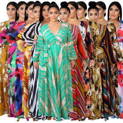 China PSD2101 Hot Selling Women's Long Sleeve Anti-Static Plus Size Floral Print Chiffon Long Maxi Dress for sale