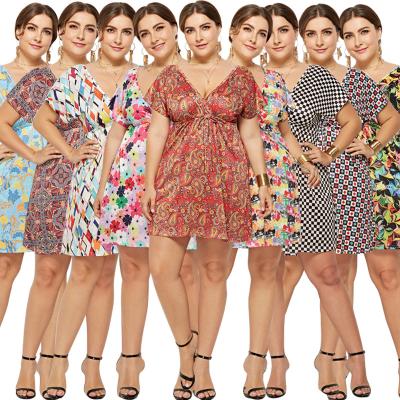 China Empire PSD2052 Anti-Static Fast Shipping Casual Floral Printing Deep V Fashionable Plus Size Women's Boho Dress for sale