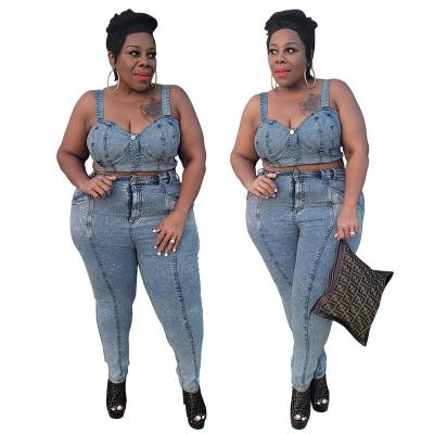 China High Quality Anti-Wrinkle PSS2064 Women Plus Size Fashion Blue Denim Pants Two Piece Pants Set Clothing for sale