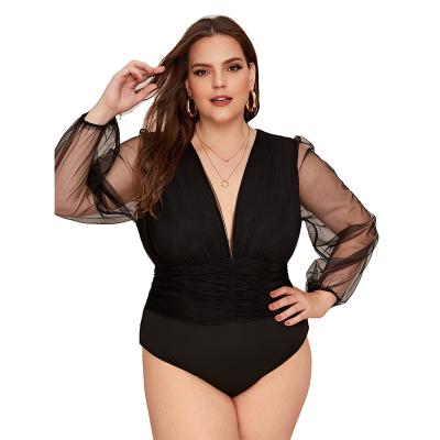 China PSWB2003 Low MOQ Anti-pilling Deep V-Neckline Long Sleeve One Piece Lace Up Black Plus Size Jumpsuits For Women for sale