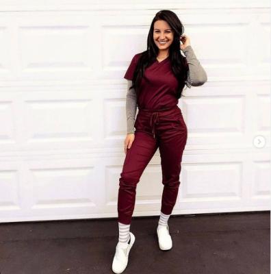 China Low MOQ Burgundy NU2068 Hospital Image Joggers Short Sleeve Nursing Medical Nurse Uniform Scrubs Sets for sale