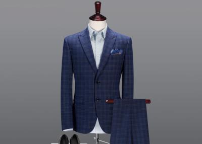 China 2 Pieces Dark Blue Checkered Suit Grid Peak Lapel Single Breasted Customized for sale