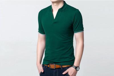 China Stand Collar Mens Polo Shirts V Lapel , Green Plain Polo T Shirts For Mens CVC Piping Sleeve for sale