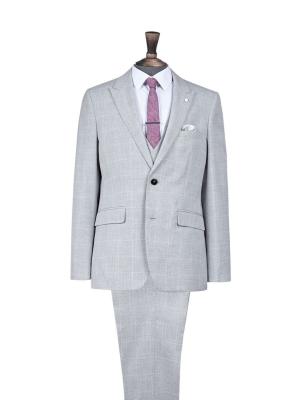 China Grey Checked Slim Fit Suit 2 Piece Single Breasted with Two - buttons for sale