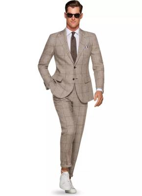 China Modern Brown Checked Mens Slim Fit Linen Suit Padded Shoulder for sale