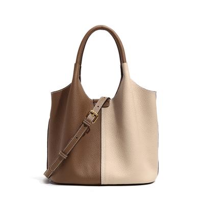 China Color Contrast Fashion Moq Bass Messenger Genuine Leather Women Tote Bag With Pocket And Genuine Leather Zipper Custom Made Women Handbag Wholesale for sale