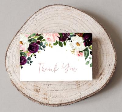 China Customized Burgundy Floral Europe Baby Shower Bridal Flowers Thank You Card Small for sale