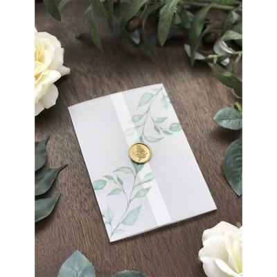 China Europe 5*7 Inch Diy Custom Eucalyptus Invite Wove Paper Watercolor Greenery Vellum Printed Jacket for sale