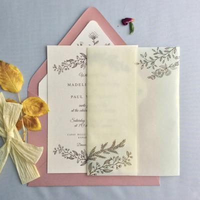 China Europe Floral Vellum Jacket Almond Blossom Flowers Printed Vellum Ivory Colored Rustic Wedding Envelopes for sale