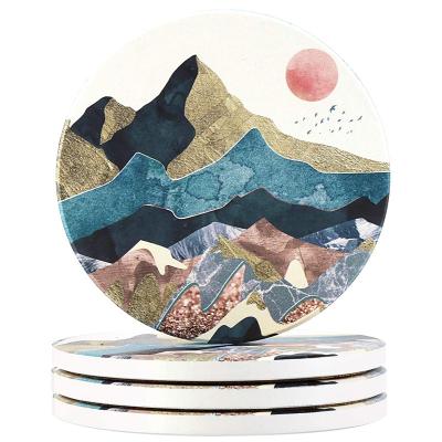 China FREE SAMPLE Wholesale Mountain Range Coasters Viable Round Absorbent Stone Ceramic Coaster For Drinks for sale