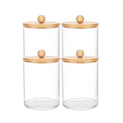 China 2/4 Pack 10Oz Viable Clear Apothecary Jar Set Vanity Makeup Organizer Qtip Holder Dispenser With Bamboo Lids For Cotton Ball for sale