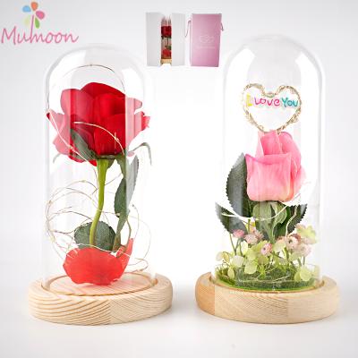 China Romantics Glass Rose Romantic Artificial Silk Rose In Glass Dome With Led Light Red Preserved Flower Gift For Valentine's Day for sale