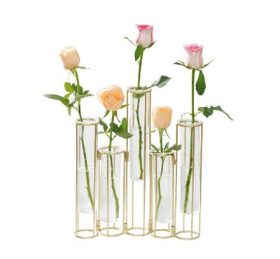 China Minimalist Top Selling Glass Vase With Metal Stand Stretches Tube Iron Flower Arrangement Creative Home Decoration Hydroponic Trial Vase for sale