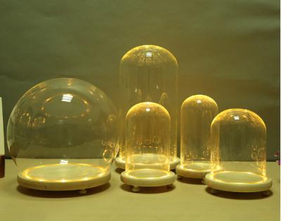 China OEM Europe Size U-Shape Bell Different Display Bell Transparent Clear Led Lighting Glass Dome With Low Wood Home Decoration for sale