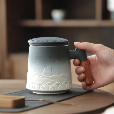 China Viable Remote Mountain Tea Brewing Mug Tea Water Separation Ceramic Tea Cup Desktop With Lid Tea Cup for sale