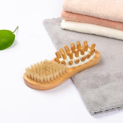 China All Natural Logo Dry Body Exfoliation Massage Scrubber Massager Wooden Bristle Bath Brush 2in1 for sale