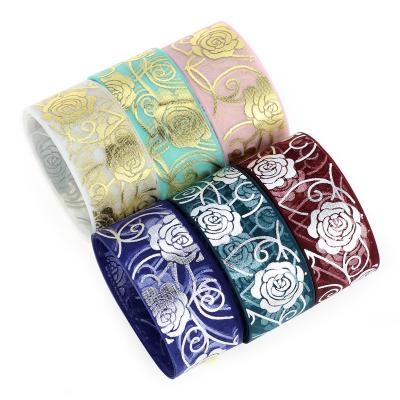 China Single Face Fashion Ribbon Silver Or Gold Foil Print 25mm Polyester Organza Floral Ribbon for sale