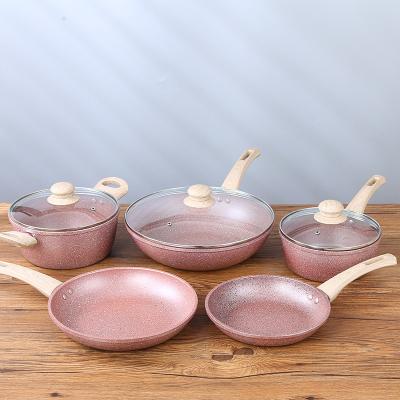 China Nordic Style Simple Pink Cookware Sustainable Five Piece Household Kitchen Multi Function Pot Set Fashion Pots for sale