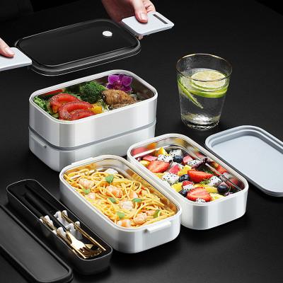 China Stainless Steel Microwavable Lunch Box With Bag Dining Insulated Portable Double Layer Bento With Plastic Lid For Kids Children for sale