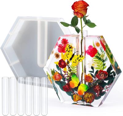 China Viable Plant Breeding Hydroponic Epoxy Resin Molds Large Silicone Hexagon Epoxy Resin Vase Mold With Test Tubes for sale