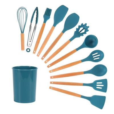 China Hot Selling Viable Border Silicone Handle Kitchen Tableware Silicone Color Wooden Kitchen Non Stick Spatula 11 Pieces Set for sale