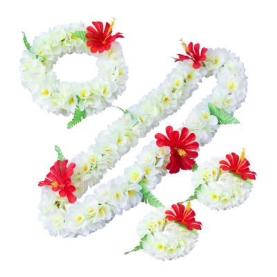 China Luau Lifelike Hawaiian Flower Leis Necklace Bracelets Jumbo Headband Set Mahalo Leis Rose and Rose Floral Red for sale