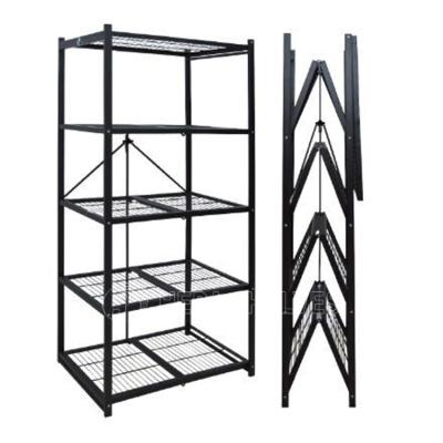 China Corrosion Protection 5 Tier Iron Mobile Foldable Kitchen Unit Shelves Metal Storage Folding Pantry Standing Shelf Rack With Wheels for sale