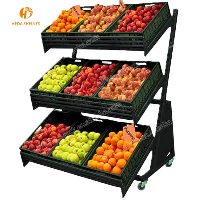 China HEDA Single Sided Mobile Fruit And Vegetable Display Stand Supermarket Shelves Wood With Wheels for sale