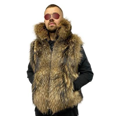 China New Plus Size Winter Fashion Men's Thicken Real Real Raccoon Fur Hooded Real Natural Men's Vest Outerwear Coat for sale