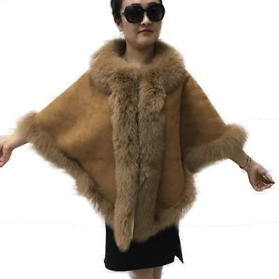 China Custom Women Winter Luxury Sheepskin Scarf Or Shawl Wraps Warm Sheep Fur Shawl With Real Fox Fur Trimming for sale