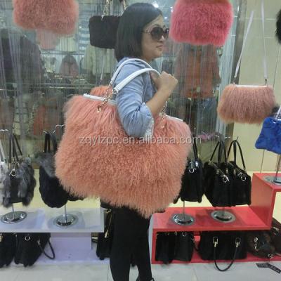 China ALICEFUR Real Hair Fluffy Curly Long Haired Sheep Fur Shoulder Bag Mongolian Lamb Fur Bag for sale