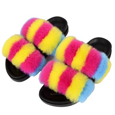 China Wholesale Anti-Slippery Faux Fur Shoes Women's Slippers Summer Fluffy Flat Sandals Faux Fur Hairy Slides for sale