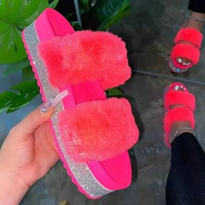 China 2021 fashion trend lady fake fur slipper summer high heel sandals thick soled slippers for sale