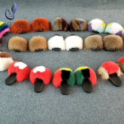 China Style Women Fashion Plush Anti-Slippery Luxury Fox Fur Slides Mix Color Soft Fur Slippers for sale