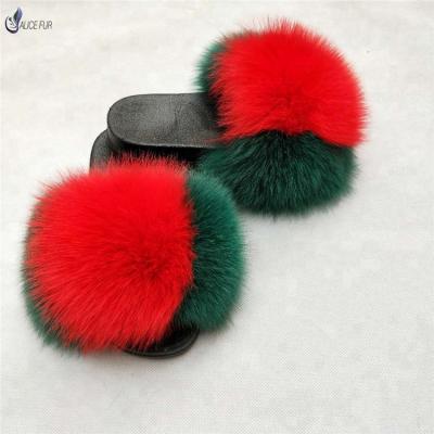 China Real Fox Fur Slides Women Fancy Home Fox Heel Flat Casual Slippers Custom Made Wholesale Anti Slippery Fur for sale