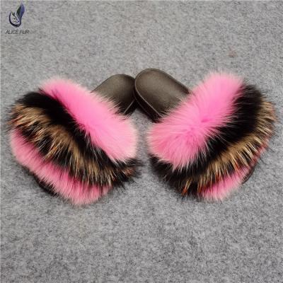 China Latest Design Black Fur Slippers Anti-Slippery High Quality Fox Fur Slides Raccoon Fur Slippers Women for sale