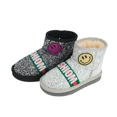 China Snow Thermal Winter Boots Little Girl 2022 Winter Bling Faux Stone Design Fur Warm Waterproof Kids Furry Kids Boots With Smile Face for sale