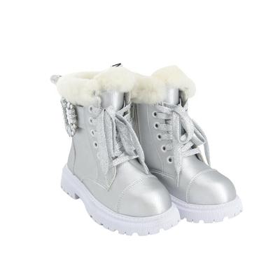 China Custom Logo Designer Boots Flat Fancy Fuzzy Warm Snow Shoes Girls Diamond Decor Lace Up Ankle 2022 Winter Kids Boots For Kids for sale