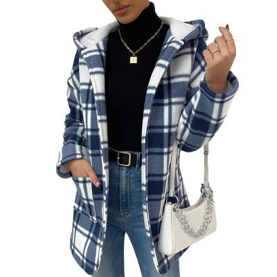 China Mid Length Wool Womens Hoodies Anorak Plaid Casual Windproof Jacket Coat With Pockets for sale